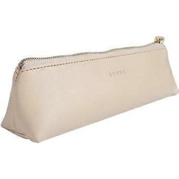 Luksuriøst PU-skinn penalhus, liten trekantdesign, glidelåspose for skole, universitet, kosmetikk, sminke (Beige)