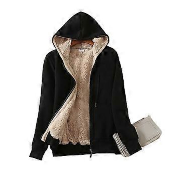 Dame Tyk Foret Hoodie Jakke med Lomme Snørehætte Foran Lynlås (L Sort)