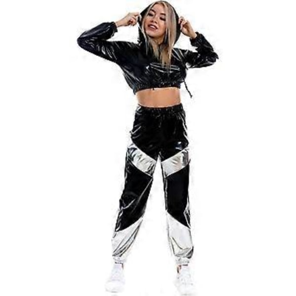 Rave-outfit för damer, glänsande crop top-hoodie, metalliska lediga långbyxor, hoodie-träningssweatshirt, discodans-klubbkläder (XX-Large Svart)