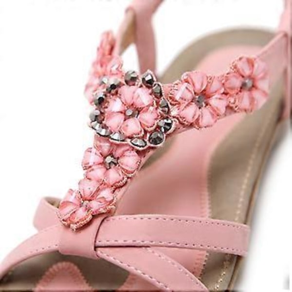 Sommarsandaler för damer, bohemiska blommor, strass, stora storlekar, platta skor, strandsandaler (EU 37 Rosa)