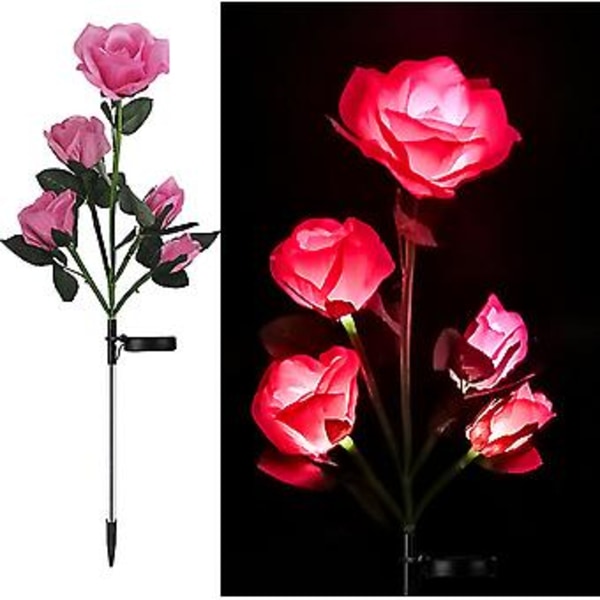 5-huvuds solcellsdrivna rosblommor utomhus trädgård landskap gårdsbelysning dekor (Rosa)
