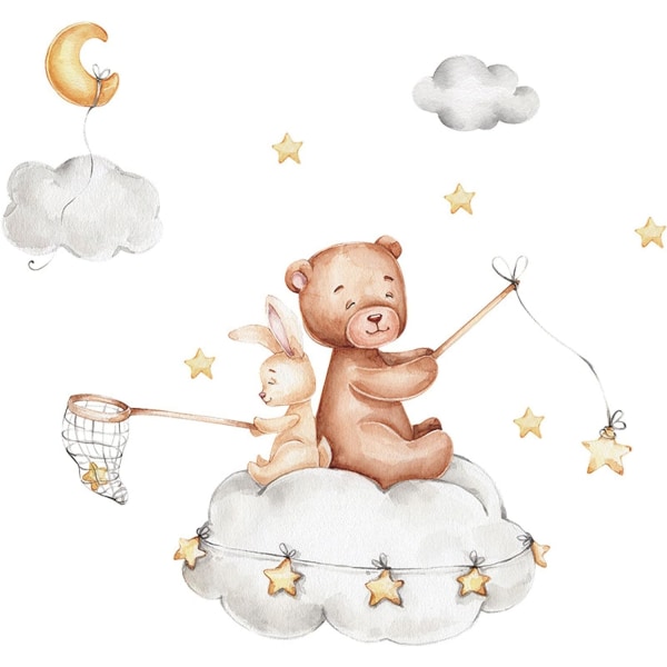 Mural Bear Rabbit Wall Stickers with Stars Moon Clouds Rabbit Bear Wall Sticker Children's Room Stic