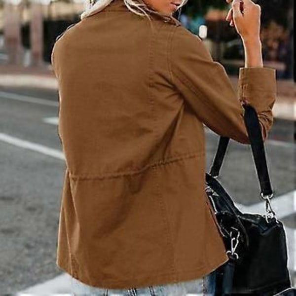 Dame Frakke Stand-up Krave Lynlås Flere Lommer Ensfarvet Lange Ærmer Blød Afslappet Cardigan Ren Farve Forårsfrakke til Daglig Brug (2XL armygrøn)