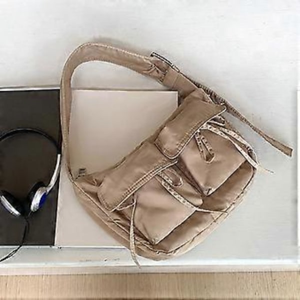 Stilfuld nylon skuldertaske til kvinder, underarmsdesign med flere lommer og justerbar rem, stor kapacitet, håndtaske, sort (sort)