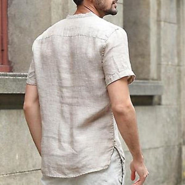 Fianao Herrar Solid Färgad Knapp V-Hals Patch Fick Linne Kortärmad T-shirt Sommar Topp (XXL Ljusblå)