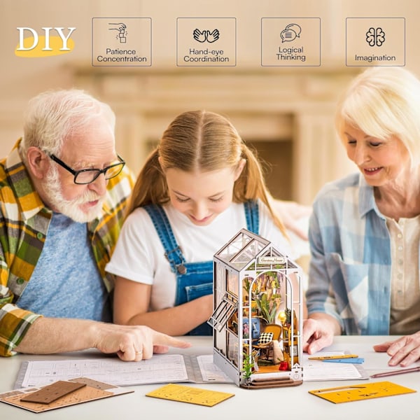Trähusdocka, DIY Miniatyr, Pusselhusmodell med LED-lampor, Hus, Bokhyldekor, Hol