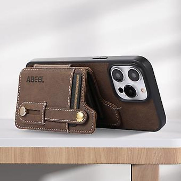 ABE Litchi Texture Kortpung PU-etui til iPhone 15 Plus (Khaki)