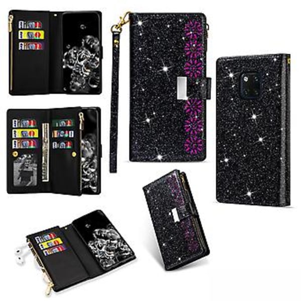 Glitter-fodral i läder med blixtlås för Huawei Mate 20 Pro (Svart)
