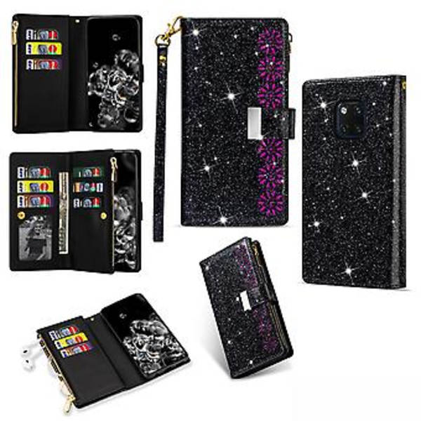 Glitter lynlås læderetui til Huawei Mate 20 Pro (Sort)