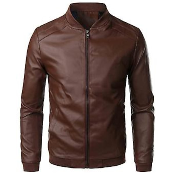Fianao Herrejakke Slim Stående Krave Glat Kunstlæder Forårsjakke Til Daglig Brug (4XL Brun)