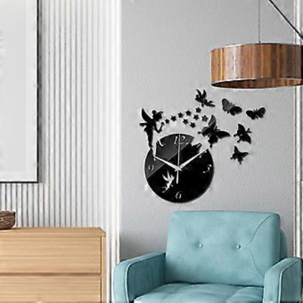 Väggklocka Stickers DIY Akryl 3D Fjäril Väggklocka Spegel Tyst Stor Väggklocka Modern Design för Heminredning (Svart3)