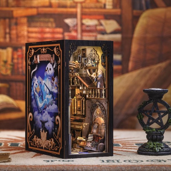 DIY Bog Nook Miniature Dukkehus Kit Nook Nook 3D Puslespil Bog Trækunst Bogstøtter med LED-lys an