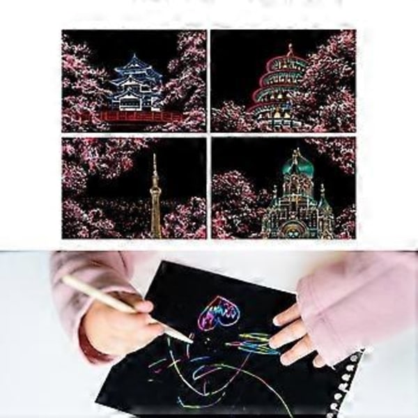 4 Delar Skrap Papper Konst Set Konst Hantverk Kreativ, Skissblock, med Träpinne Ritning Skrapbräda Skrapmålning (Sakura)