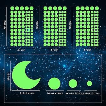 Glow Dots Stjerne og Måne, Gløder i Mørket Stjerner Vægstickers, 252 Prikker i 3 Størrelser til Loft/Vægge, Perfekt til Børnefødselsdagsgave, Smuk Vægsticker