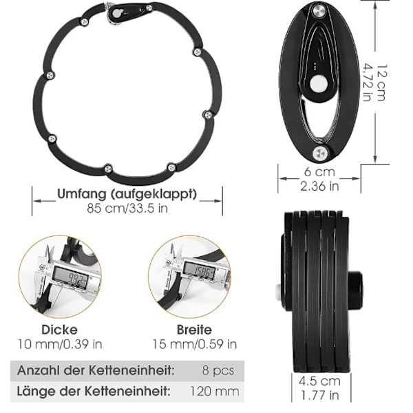 Sammenfoldelig cykellås med holder, 4-cifret kombinationslås, 85 cm lang