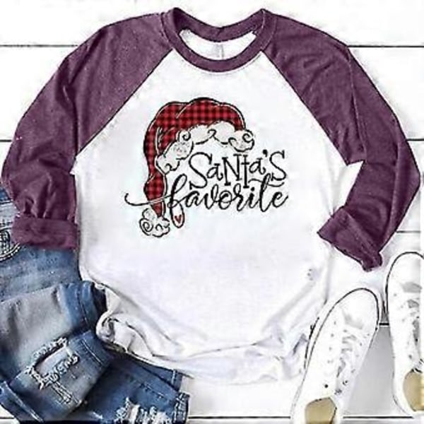 hmwy-naisten jouluinen joulupukki printti t-paita pusero perus toppi t-paita (2XL Violetti)
