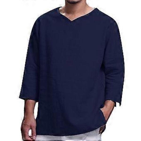 hmwy-yksivärinen pellavatyylinen t-paita miehille 3/4 hiha V-kaula-aukko rento t-paita löysät topit (M Navy Blue)