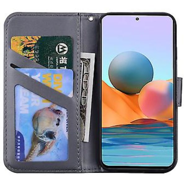 Telefonfodral med björnmönster för Redmi Note 10 Pro med kortfack, snodd, PU-lädermaterial, plånboksfunktion, hörnfallskydd (grå)