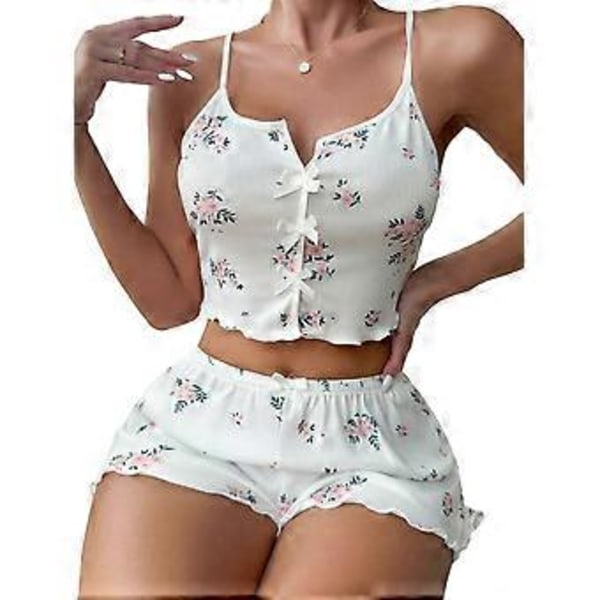 Dam Pyjamas Set Sexig V-ringad Sling Top och Elastiska Midjeshorts Lounge Sovkläder Set (XXL blommigt tryck)