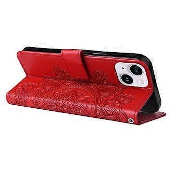 7-blomsterblad blomsterpreget lærveske for iPhone 15 Plus (Rød)