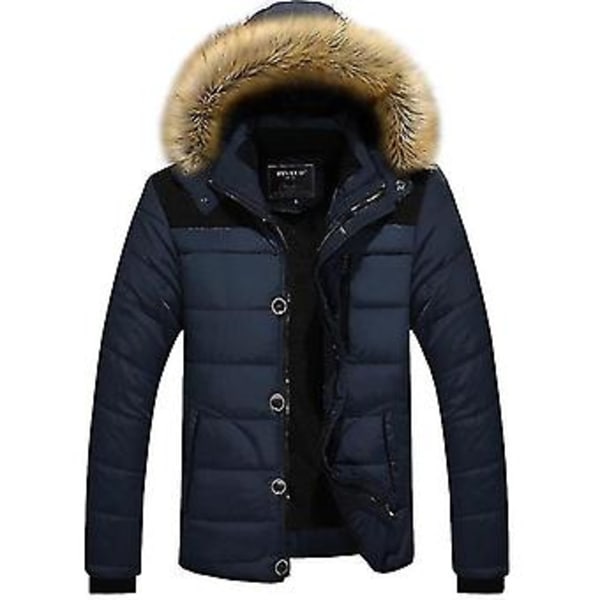 Mænd Kunstpels Hættejakke Vatteret Quiltet Puffer Boblejakke (3XL Blå)