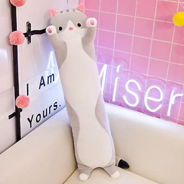 JUSCH Plysch kattkudde docka leksak present till flickvän, vuxen hudvänlig och bekväm kudde, grå, 70 cm