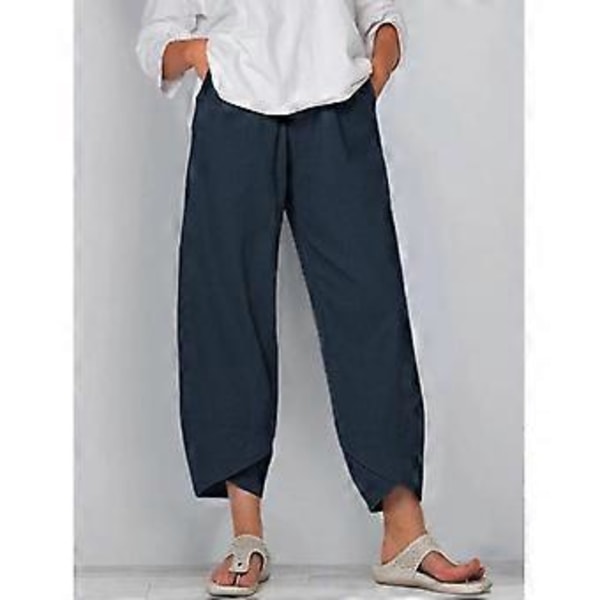Sommar- och höstbyxor för dam och herr med elastisk midja, lösa enfärgade byxor, bomulls- och linnebyxor (3XL svart)