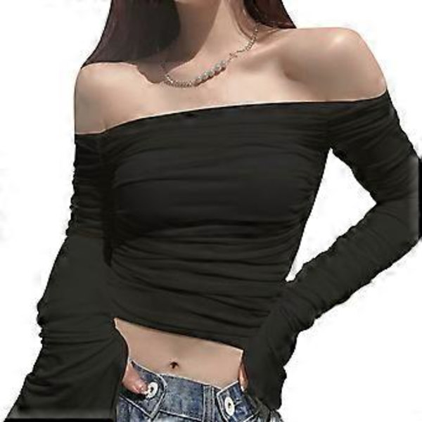 Naisten Off Shoulder Mesh Ruched Crop Topit Y2K T-paita Trumpetti Pitkähihainen Slim Fit T-paidat Seksikäs Pusero Y2K Katumuoti Musta M(M Musta)