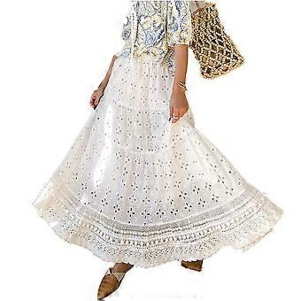 15% RABATT Mote Dame Sommer Casual Fargebrodert Lagdelt Maxi Skjørt (Hvit)