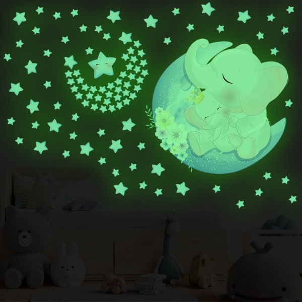 Éléphant lune étoile autocollant väggmålning lumineux dessin animé an