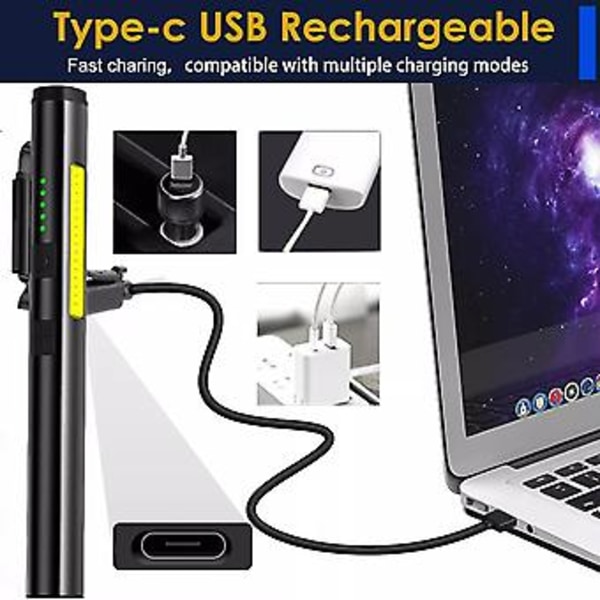Genopladelig Pen Light Lommelygte UV-lys 4 Tilstande Lomme Camping Arbejde Reparation ( )