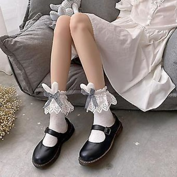 Japanese Lolita Embroidery Lace Short Crew Socks Kawaii Rabbit Bunny Ears Plaid Bowknot Ruffled Harajuku Anklet Hosiery ( Black)