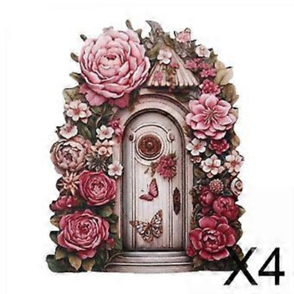4x Miniature Fe Have Dør Træ Have Statue til Udendørs Plæne Dekoration Pink Blomst