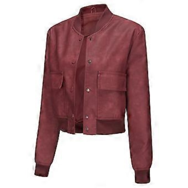 Lös kofta, avslappnad jacka, ribbad modejacka, läderjacka för kvinnor (2XL Vinröd)