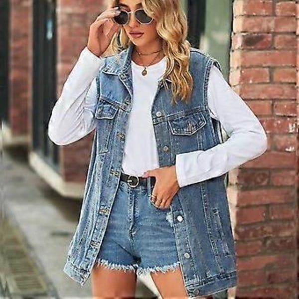 Mote Denim Vest For Kvinner Ermeløs Casual Løs Lang Jeansjakke Kåpe Street Hipster Dameklær XS-XL(L blå)