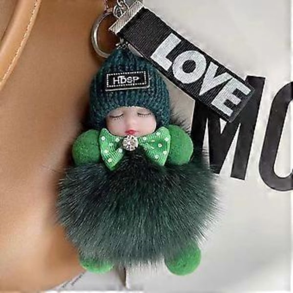 Söt Docknyckelring Sovande Söta Fuzzy Ball Hängande Mode Ryggsäck Hängande Ornament för Barn Tonåringar Vuxna (Röd)