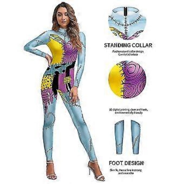 Halloween 3D-tryckt mardrömmen före jul Sally-kostym Bodysuit Jumpsuit Cosplay Party Fancy Dress Up Outfit för kvinnor -NMAOV(M B)