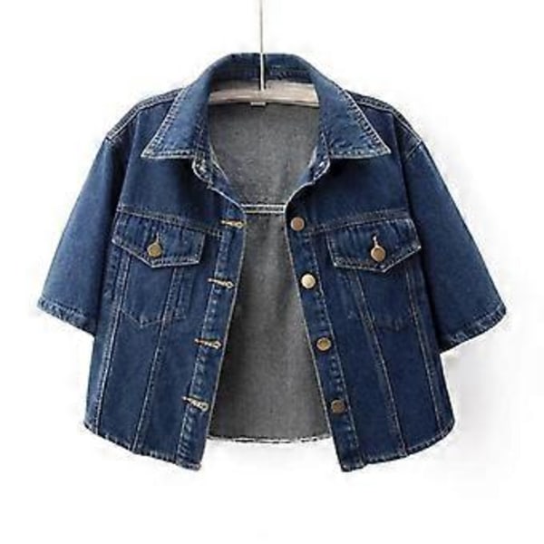 Denimjacka för Kvinnor Sommar Lös Enkelknäppt Nedvikt Krage Kortärmad Jacka Koreansk Mode Kort Jacka (L blå)