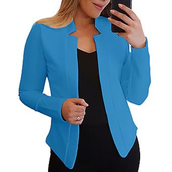 Langærmet Blazer til Kvinder i Solid Farve, Slim Fit, Kontor, Arbejde, Spids Krave, Åben Stitch Cardigan Blazer Yderbeklædning (XL Blå)