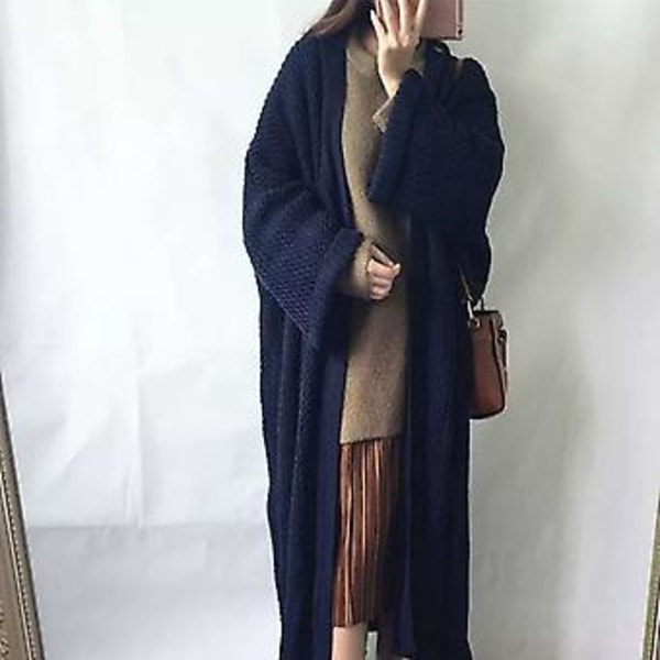Vårförsommar Kvinna Löst Sittande Lång Stickad Tröja Kavaj Långärmad Enfärgad Ankel Lång Öppen Fram Stickad Cardigan Ytterplagg (Marinblå)