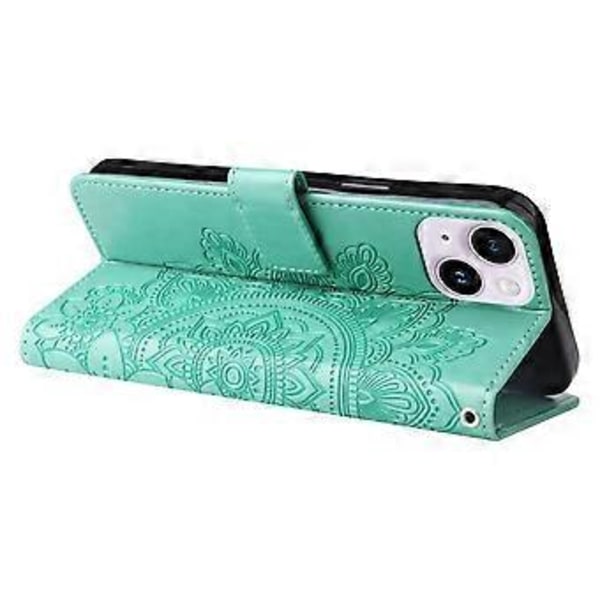 Läderfodral med präglade 7-bladiga blommor för iPhone 15 Plus (Grön)