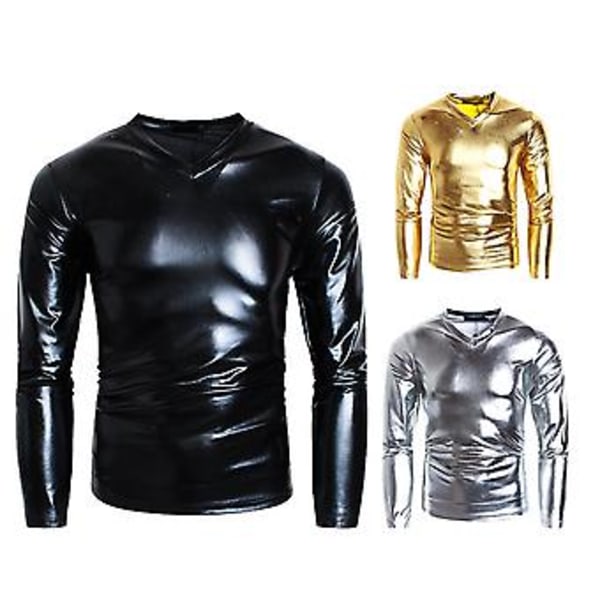 Menn T-skjorte Blank Utseende Ensfarget Lang Ermet Topp V-Hals Slim Fit T-skjorte Nattklubb Fest Opptreden Kostymer (L Gul)