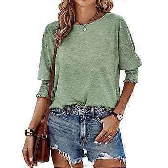 Dame Ensfarvet Løs Pasform Tunika Top Bluser Basic Tee Bluser Casual Tunika Top Rund Hals 3/4 Ærme Basic T-shirts Tee Top lysegrøn M(M lysegrøn)