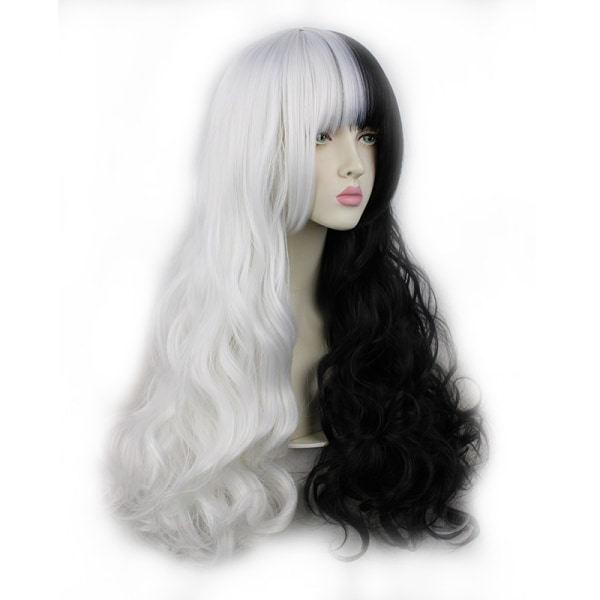 1PC Half Black Half White Wig with Bangs Long Hair Synthetic Wig