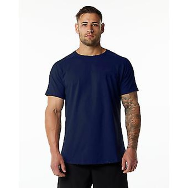 Sport Fitness T-shirt med Kort Ärm för Män, Bomull, Rund Hals, Enfärgad, Casual Träning, Svart (XL Marinblå)