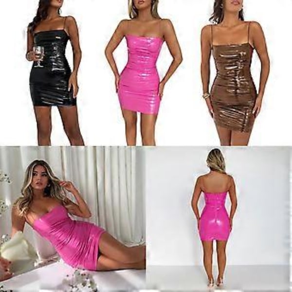 Sexet Ærmeløs Mini Sommerkjole med Spaghetti Stropper og Åben Ryg til Kvinder, Fest og Klub, Kort Bodycon Kjole i PU Læder - Sort XL (XL Sort)