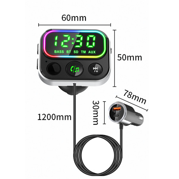 FM-sender, 24-timers display, Bluetooth 5.0 bilradioadapter med QC3.