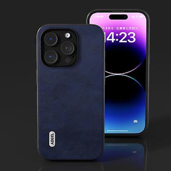 Kalveskinns-PU-etui for iPhone 15 Pro (Blå)