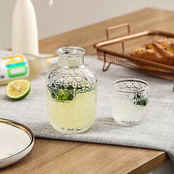 Retro Klar Glas Sengelampe Nat Vandkaraffel med Tumbler Glas, 440 ml Relief Glas Kande og 150 ml Kop Nat Sæt Hvid (Multifarvet)