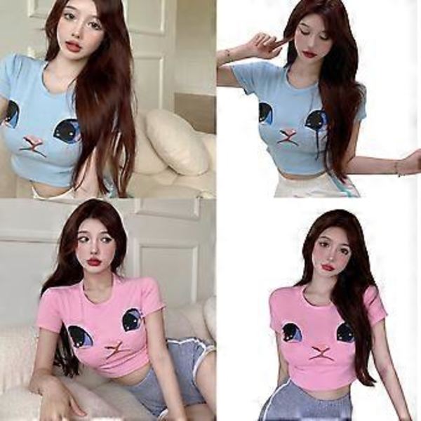 Kuvioitu Crop Top T-paita Eläin Sarjakuva Lyhythihainen Cropattu Paita Pyöreä Kaula-aukko Päivittäinen T-paita Kotiin Toimistoon Sininen XL(XL Sininen)